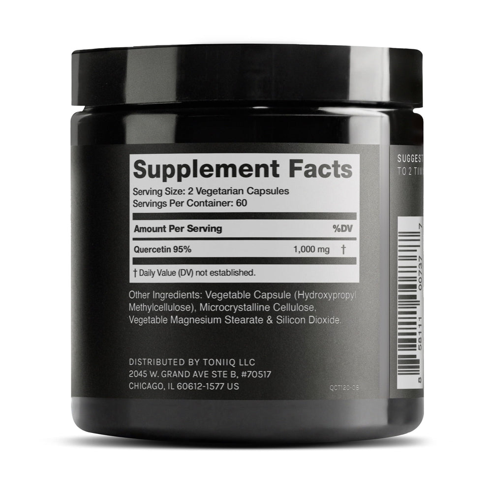 Toniiq Quercetin capsules close-up highlighting smooth, easy-to-swallow dosage