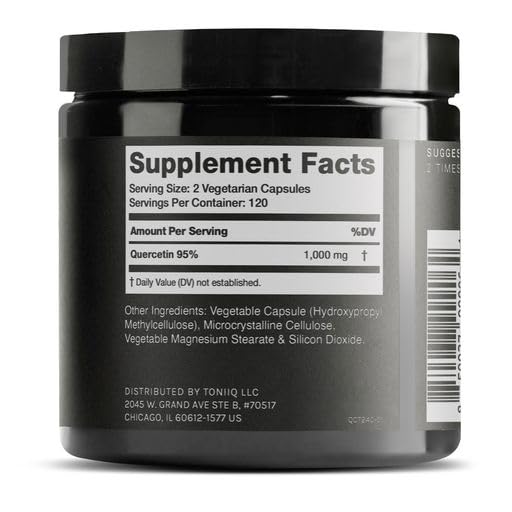 Toniiq Quercetin Capsules label close-up highlighting 95% purity