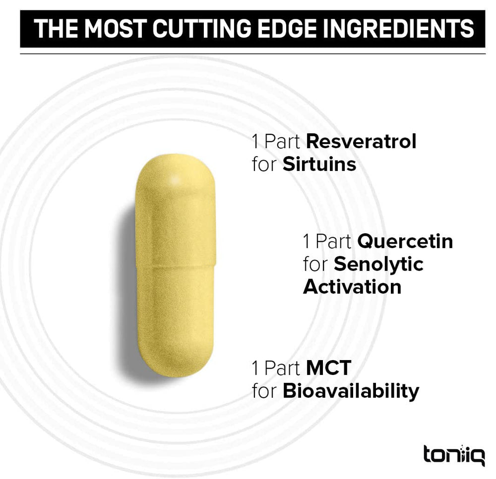 Toniiq Resveratrol Blend capsules viewed up close.