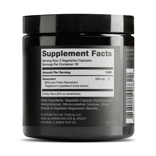 Toniiq Resveratrol capsules close-up showcases uniform capsules for consistent daily use.