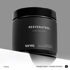 Toniiq 98% purity label highlights high-trans resveratrol standard.