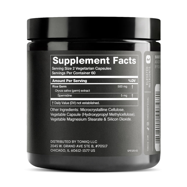 Toniiq Spermidine capsules pack—convenient daily dose for non-wheat, gluten-free formula.