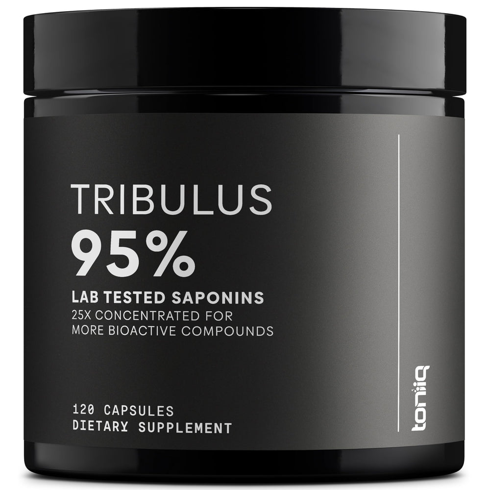 Toniiq Tribulus Terrestris capsules on a white background—high potency for daily wellness.