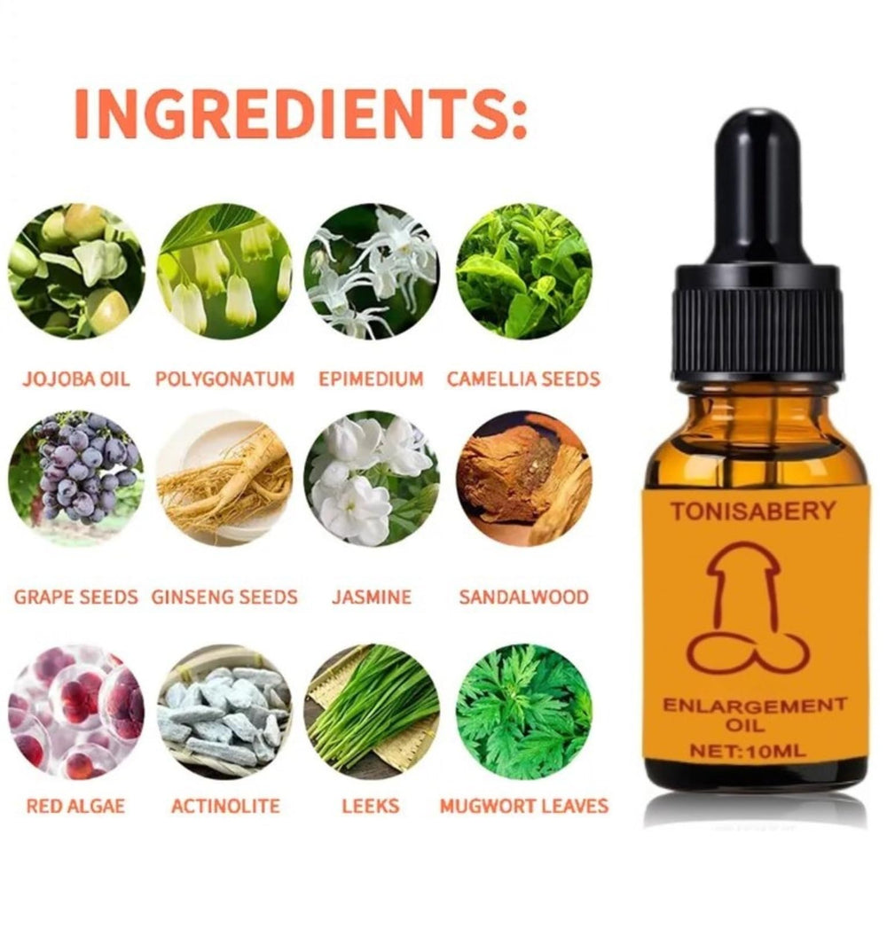 TONISABERY XXXL Man massage oil label highlights natural formula.