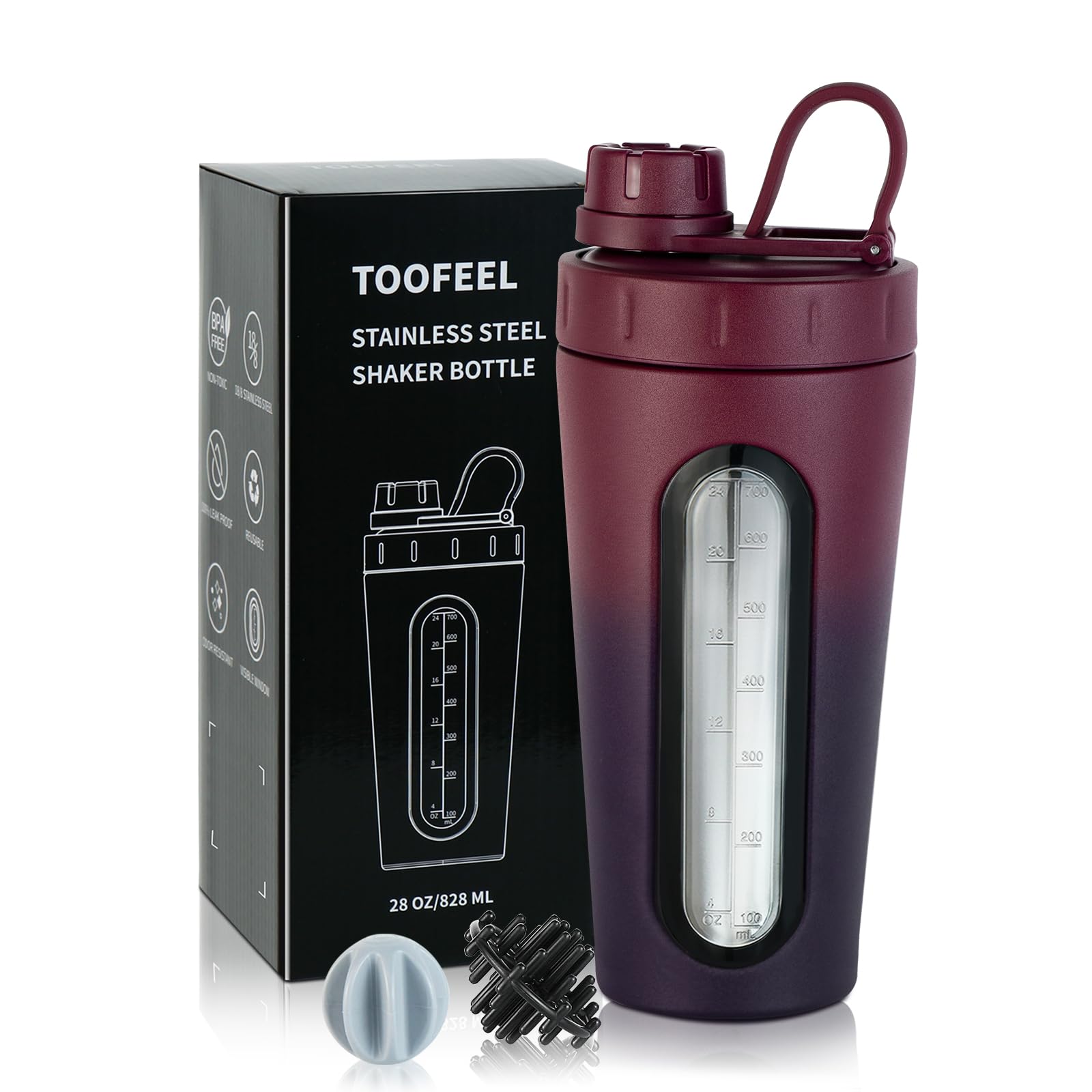 TOOFEEL 28oz shaker bottle window view shows liquid level for precise mixing