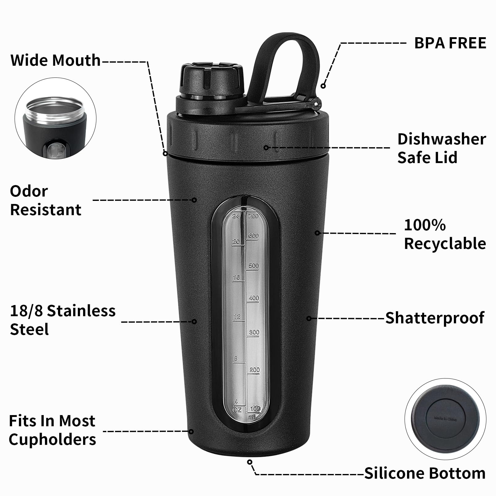 Wide-mouth design of the TOOFEEL shaker makes adding powder easy.