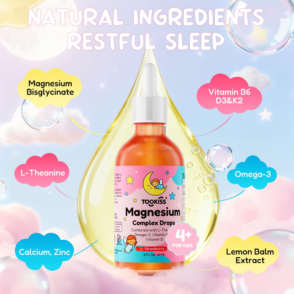 Tookiss magnesium drops kids label closeup with ingredients and benefits