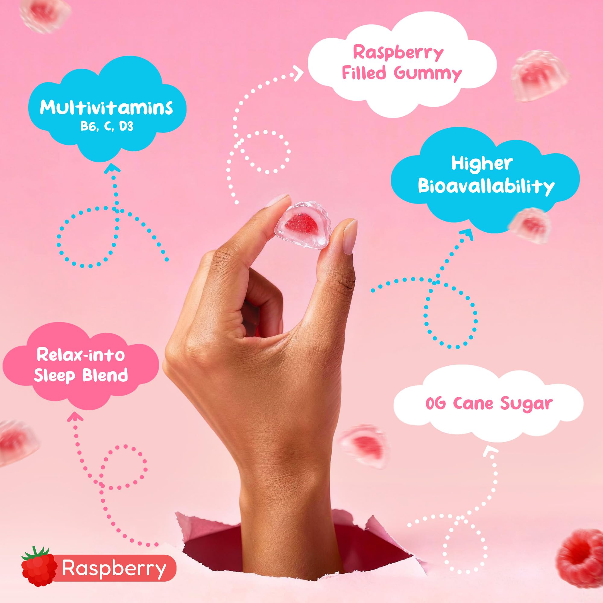 Close-up of Tookiss raspberry flavored gummies for tasty supplementation
