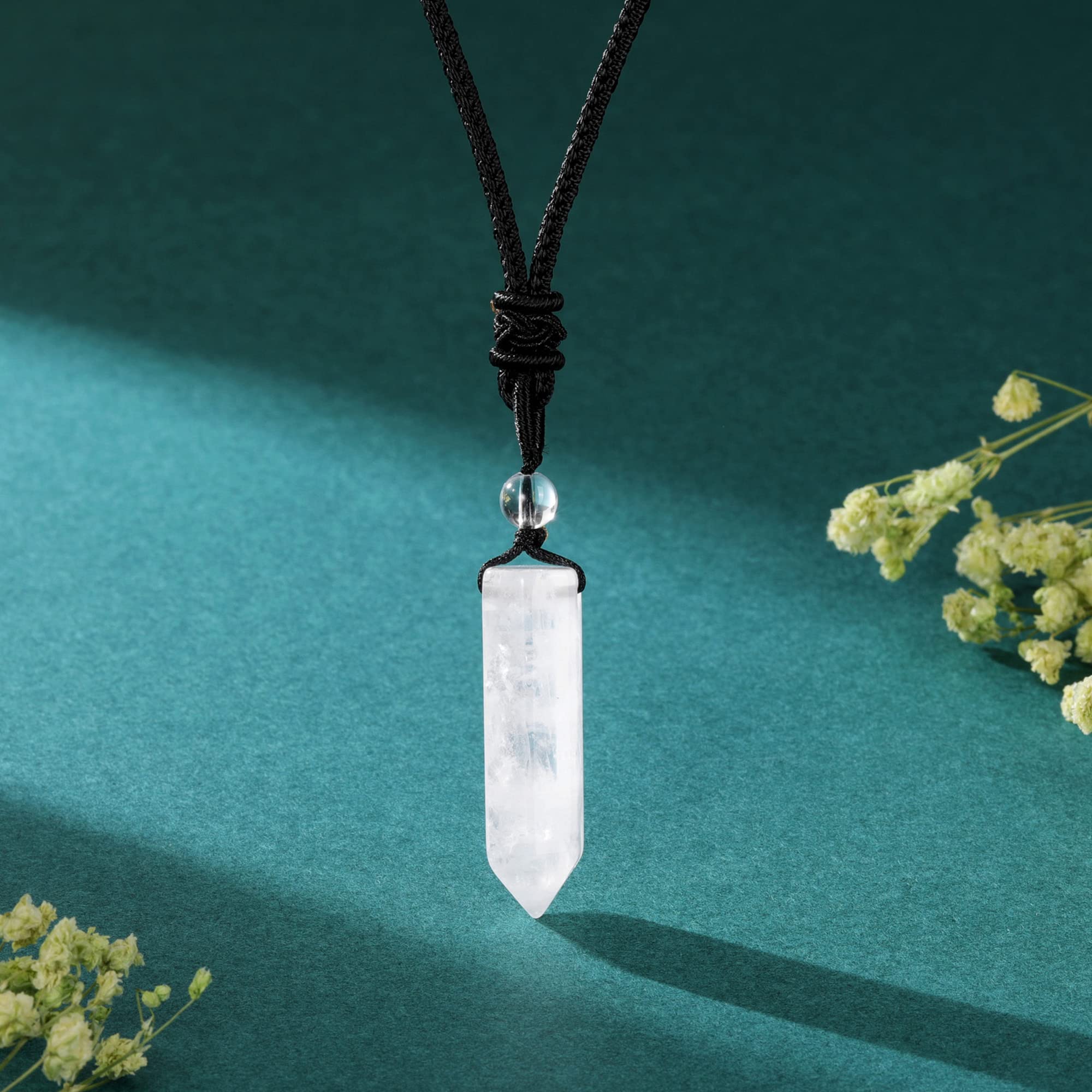 Top Plaza Clear Quartz necklace worn by model showing adjustable braided rope
