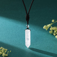 Top Plaza Clear Quartz necklace worn by model showing adjustable braided rope
