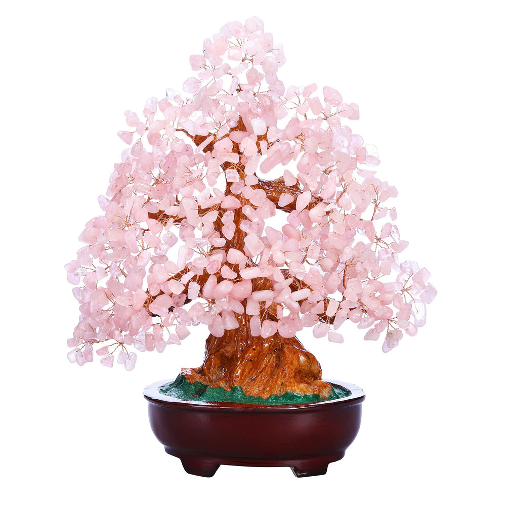 Top Plaza Rose Quartz Money Tree Bonsai with shimmering stones for wealth and harmony at home
