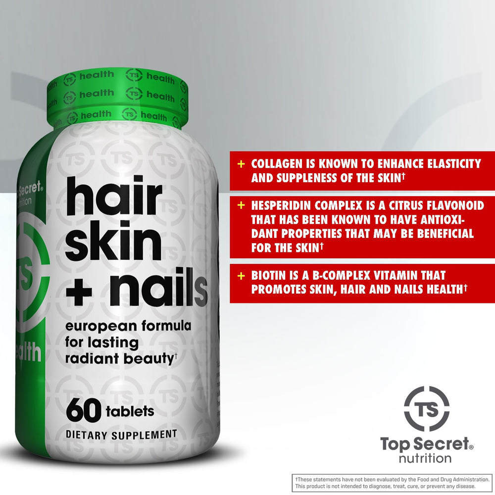 Top Secret Nutrition Collagen Hair Skin Nails image highlights skin elasticity