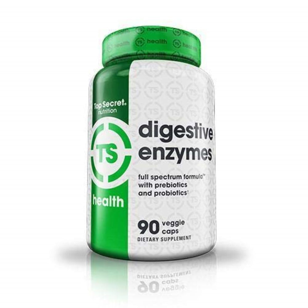 Top Secret Nutrition Digestive Enzymes bottle pouring supports comfortable digestion.