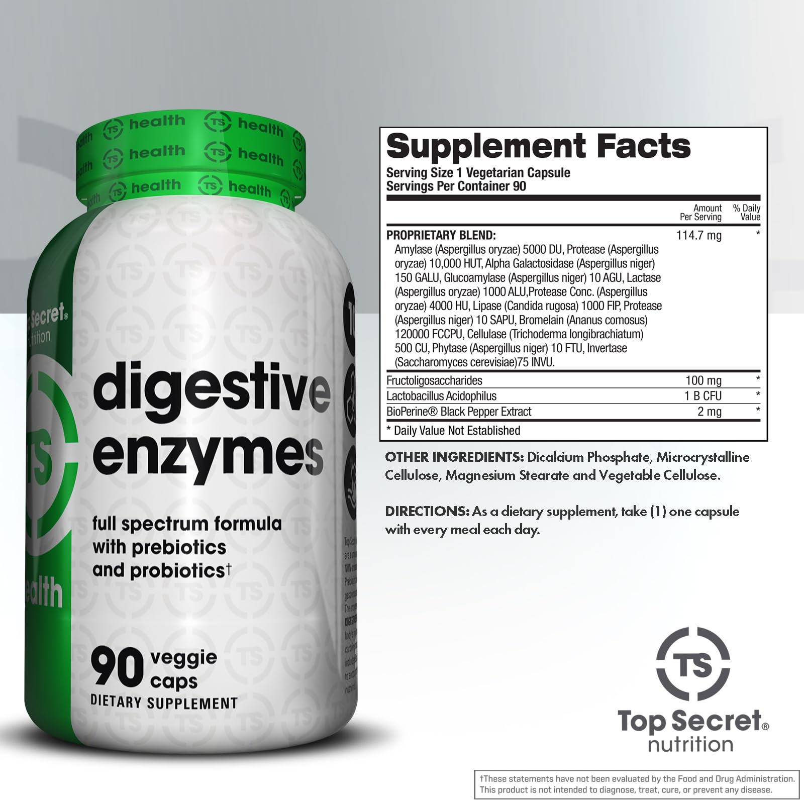 Top Secret Nutrition Digestive Enzymes capsules pack shows easy daily gut support.