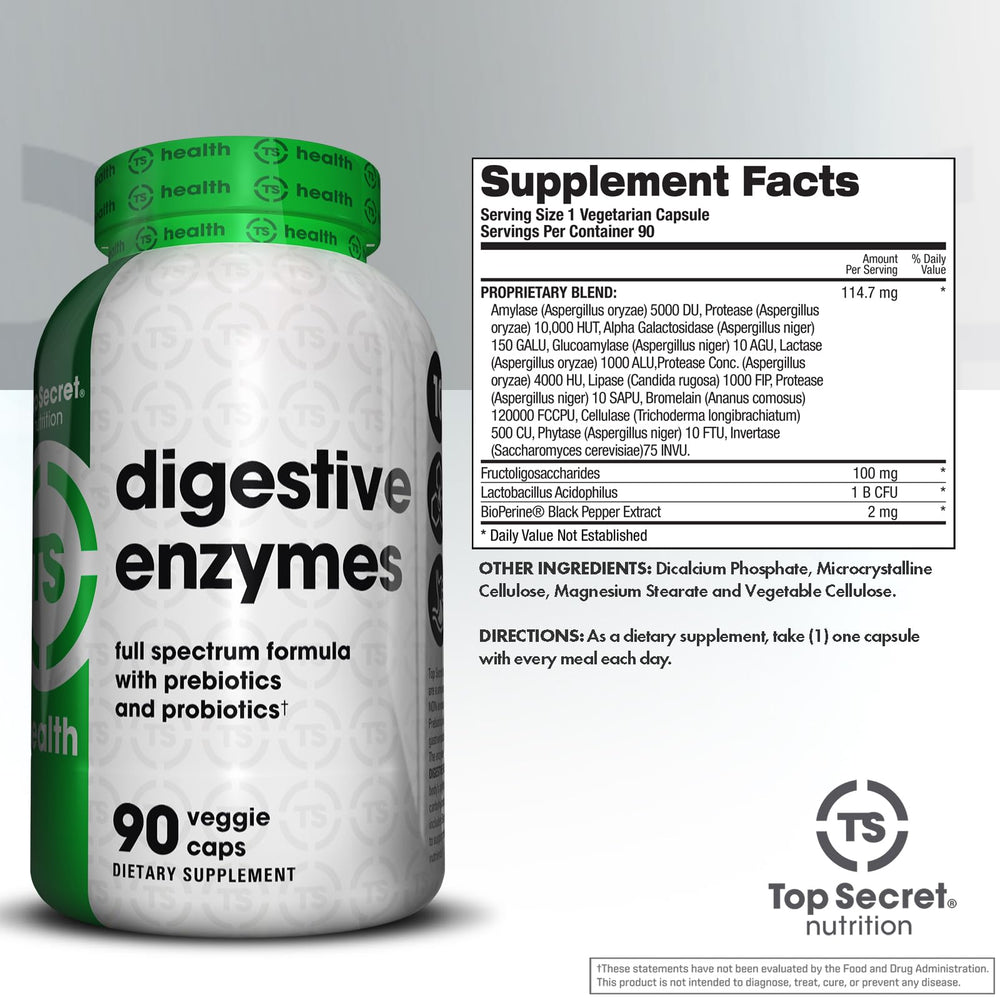 Top Secret Nutrition Digestive Enzymes capsules pack shows easy daily gut support.