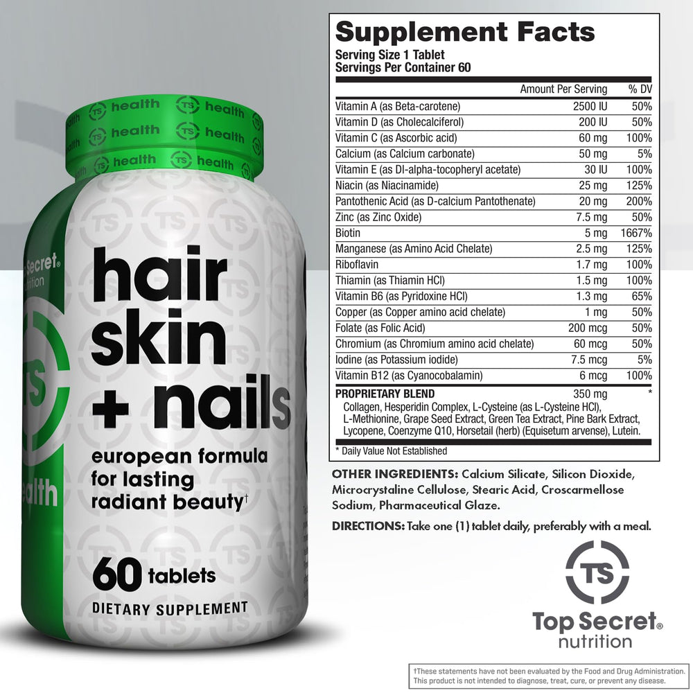 Top Secret Nutrition Hair Skin Nails tablets close-up, convenient daily routine