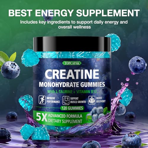 Topcapak Creatine Gummies label highlights taurine and B12.