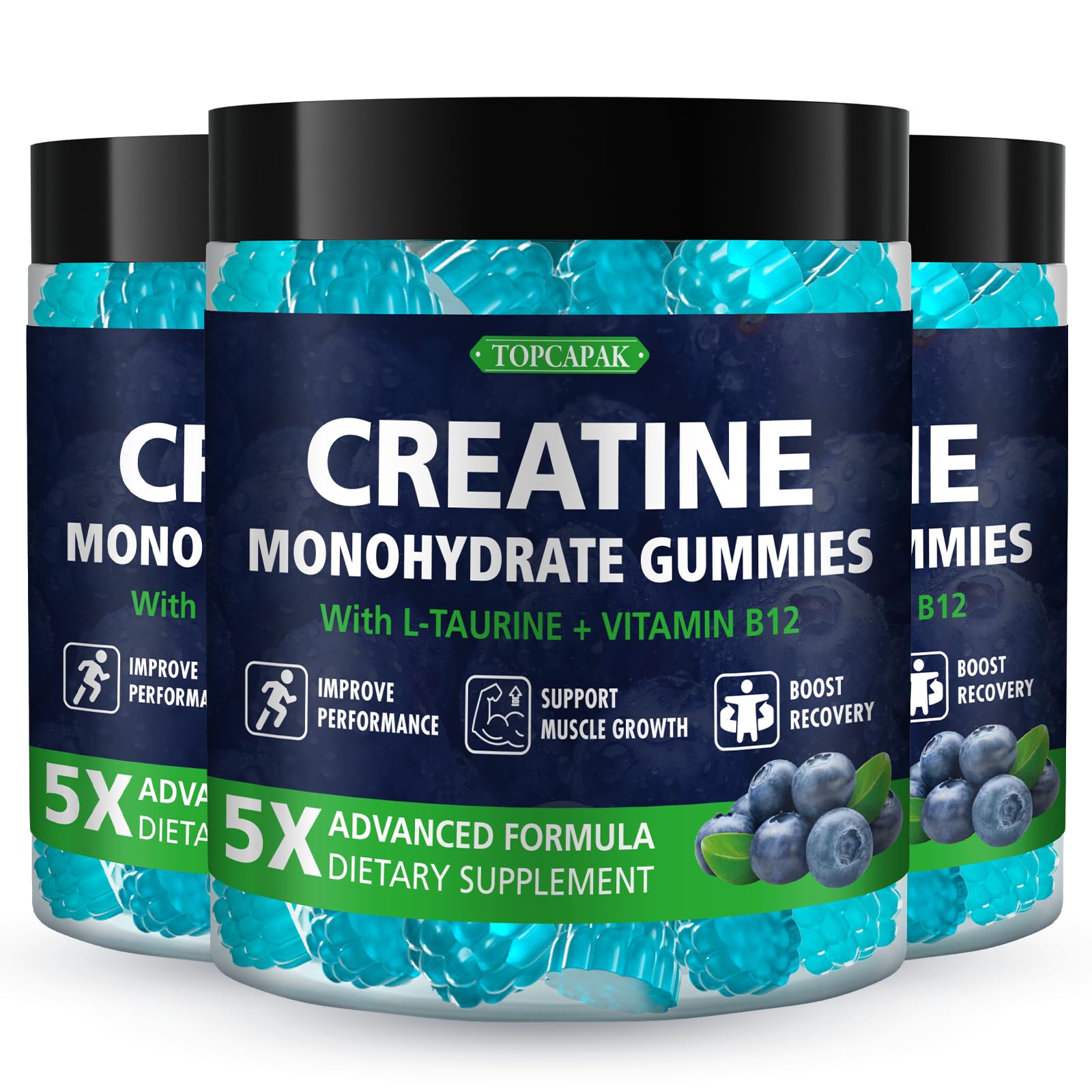 Topcapak Creatine Monohydrate Gummies with blueberry flavor and raspberry shape for convenient daily energy support.