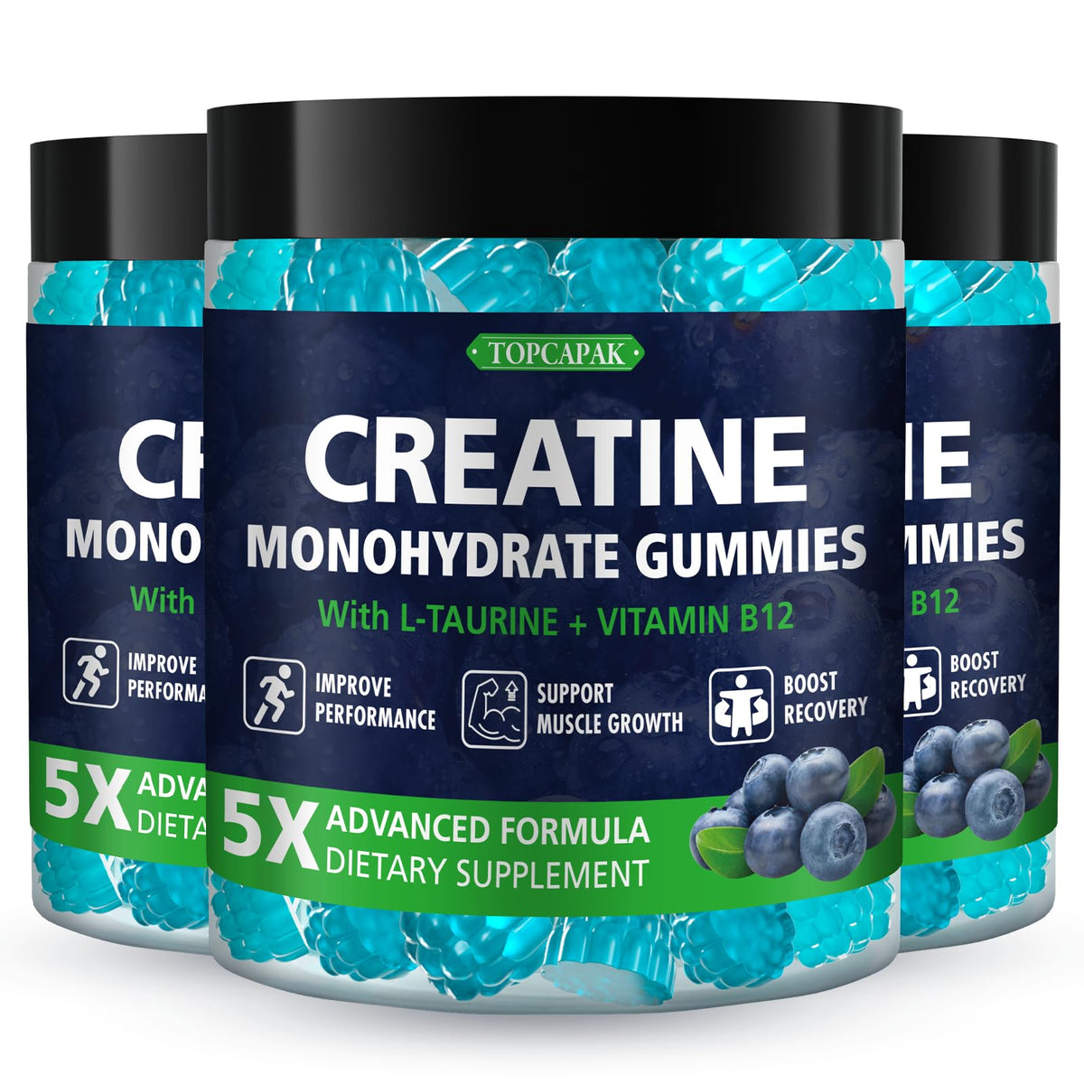 Topcapak Creatine Monohydrate Gummies with blueberry flavor and raspberry shape for convenient daily energy support.
