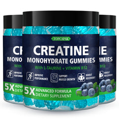 Topcapak Creatine Monohydrate Gummies with blueberry flavor and raspberry shape for convenient daily energy support.