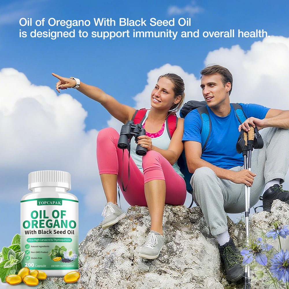 TopCAPAK ingredients graphic shows carvacrol and thymoquinone for natural antioxidant support.
