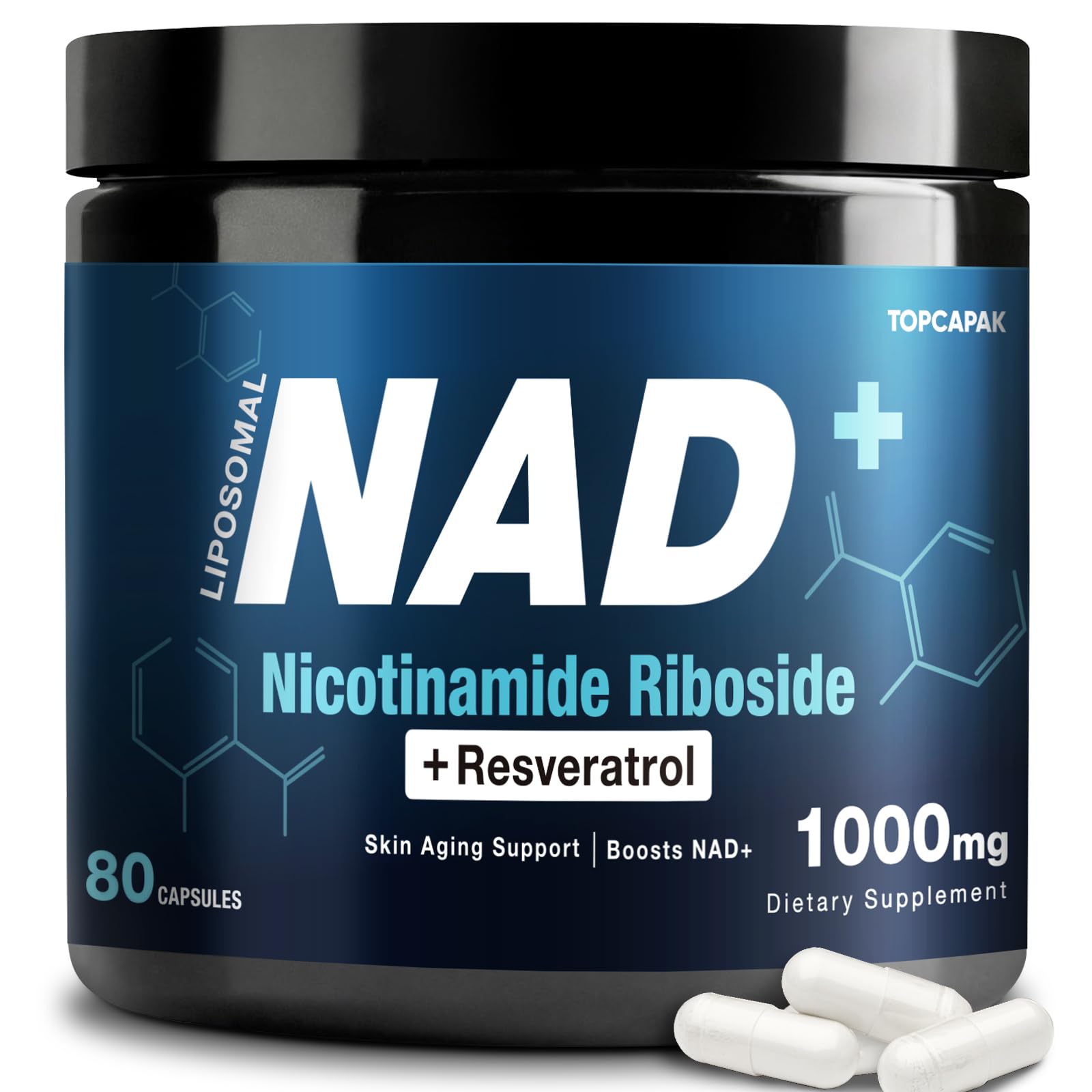 TOPCAPAK NAD+ 1000mg bottle with capsules supports daily energy.
