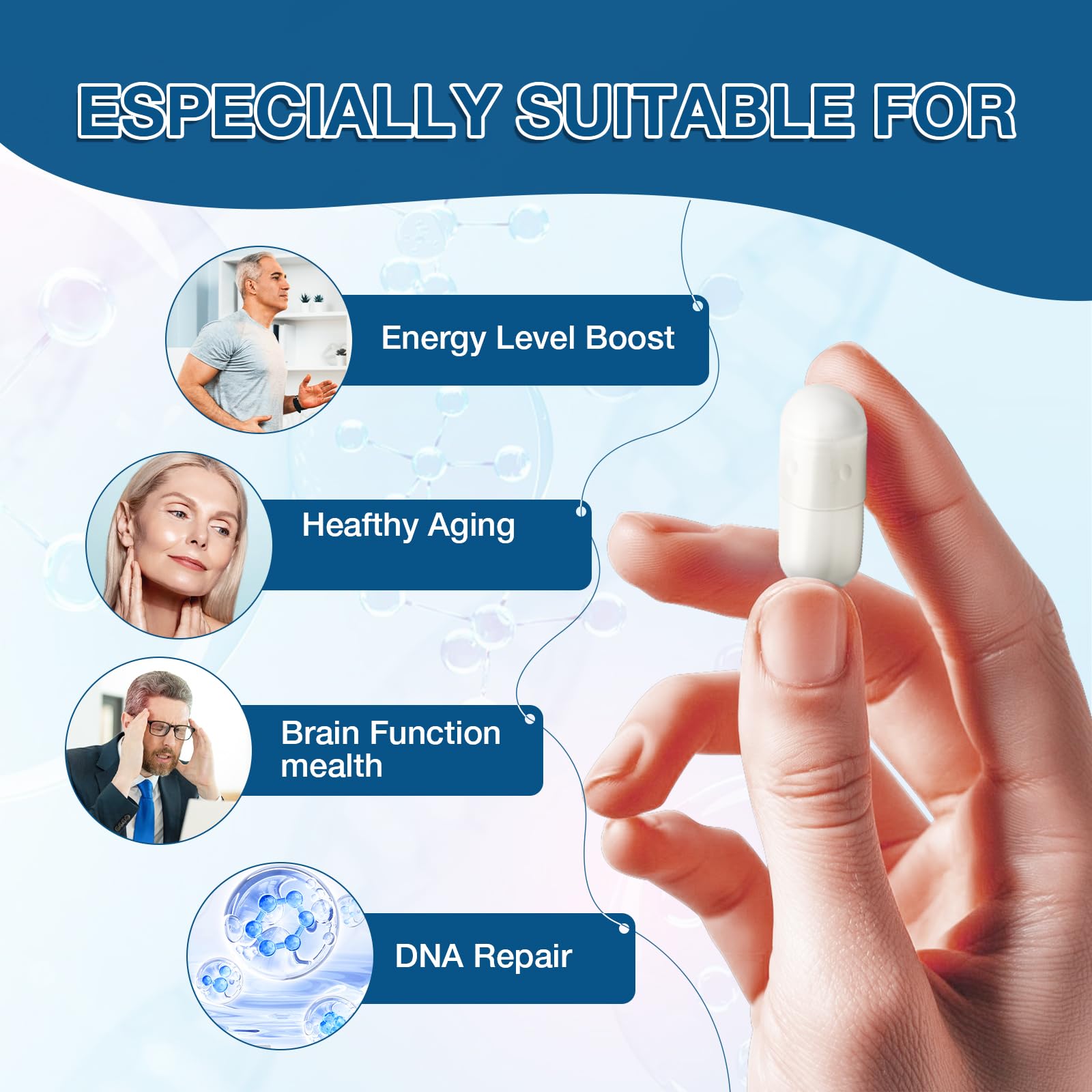 TOPCAPAK NAD+ 1000mg capsules closeup for steady cellular energy.