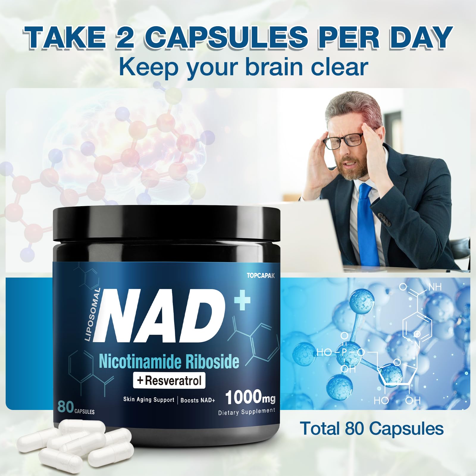 TOPCAPAK NAD+ 1000mg bottle label detail with resveratrol.