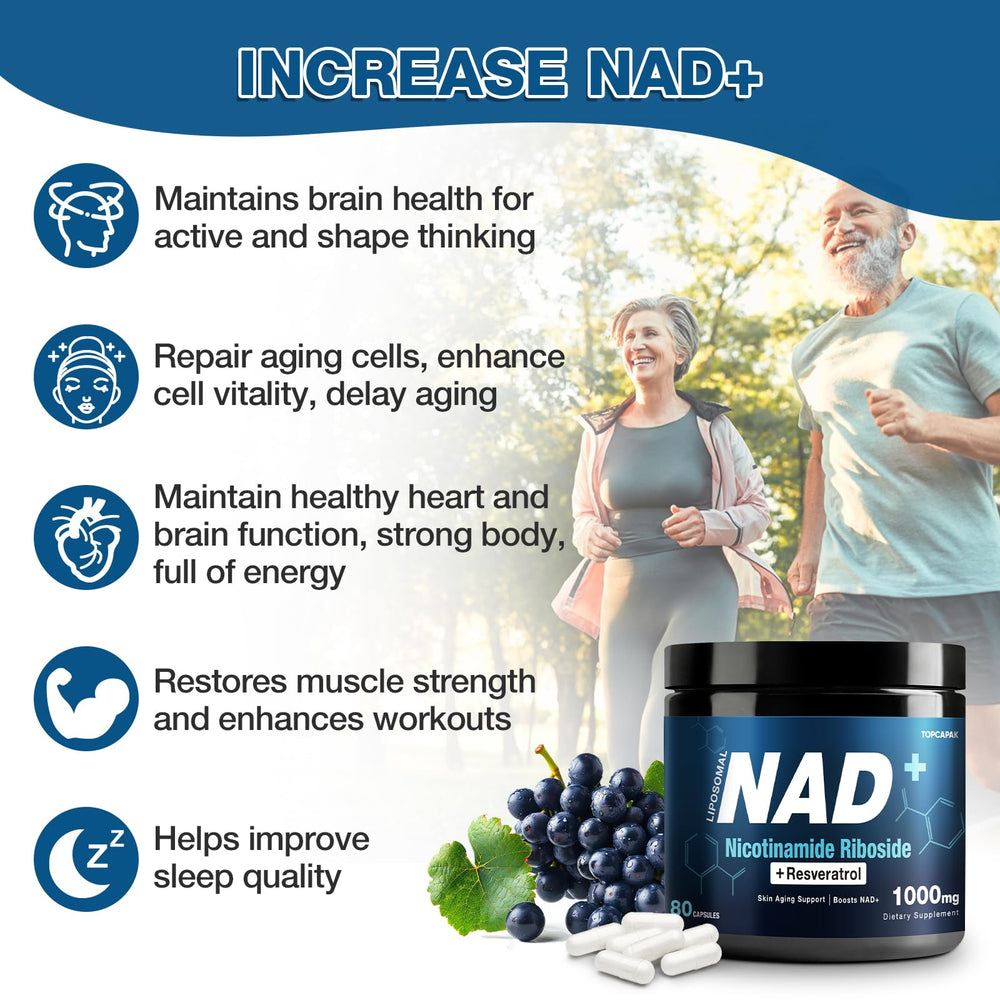 TOPCAPAK NAD+ 1000mg packaging box on shelf signals premium product.