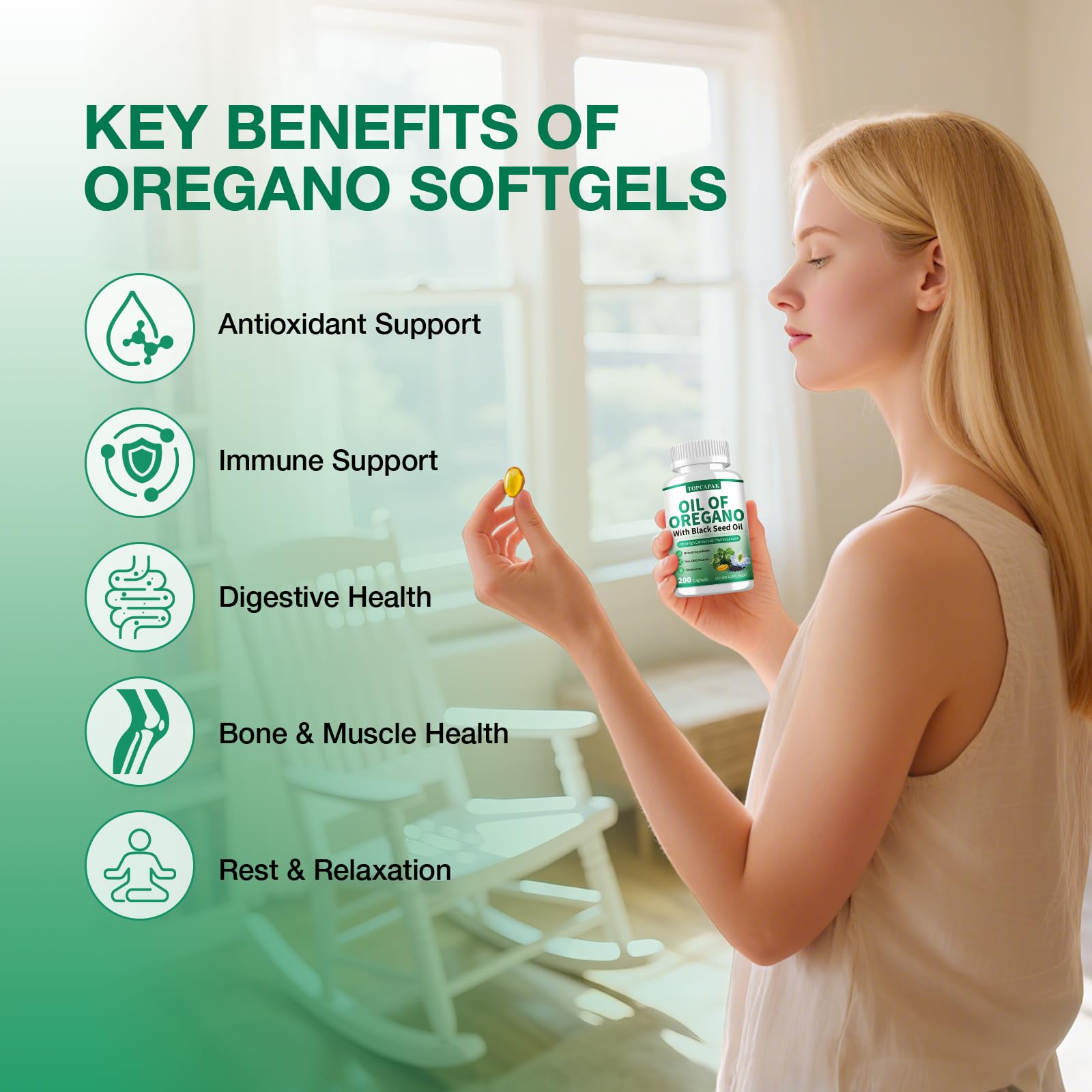 TopCAPAK 2-in-1 oregano oil and black seed oil softgels close-up for daily wellness.