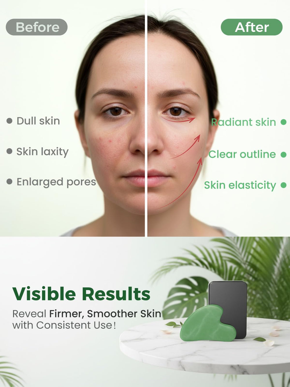 Tophld Green Gua Sha tool in a night routine setup for relaxation.