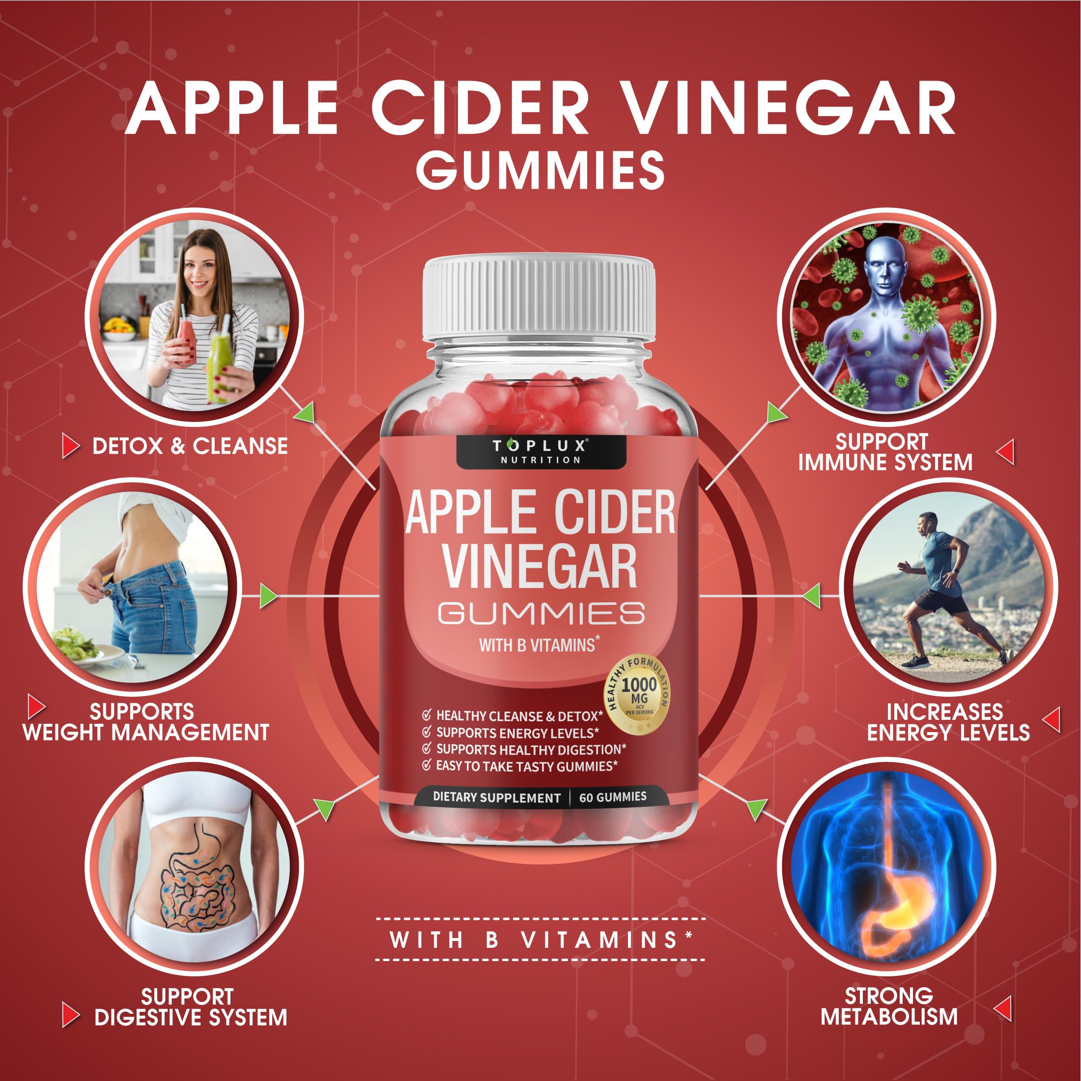 Toplux ACV Gummies closeup showing fruity texture for digestion support