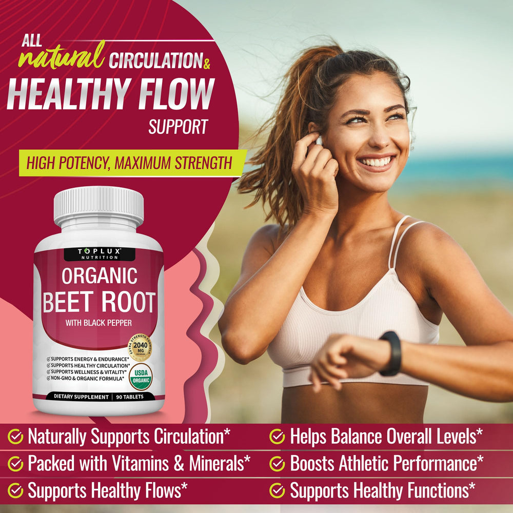 Toplux beet root tablets nutrition label emphasizes vitamins and minerals