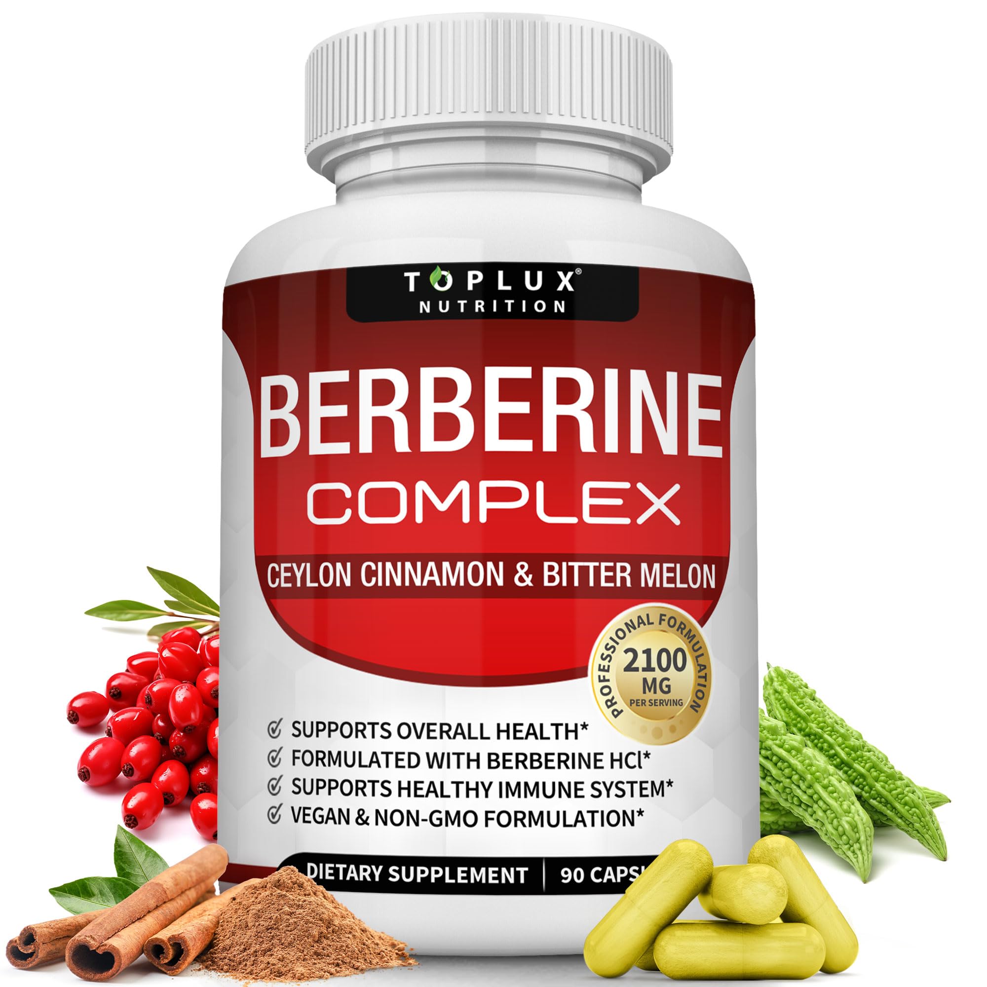 Toplux Berberine capsules in bottle highlight high purity for daily wellness.