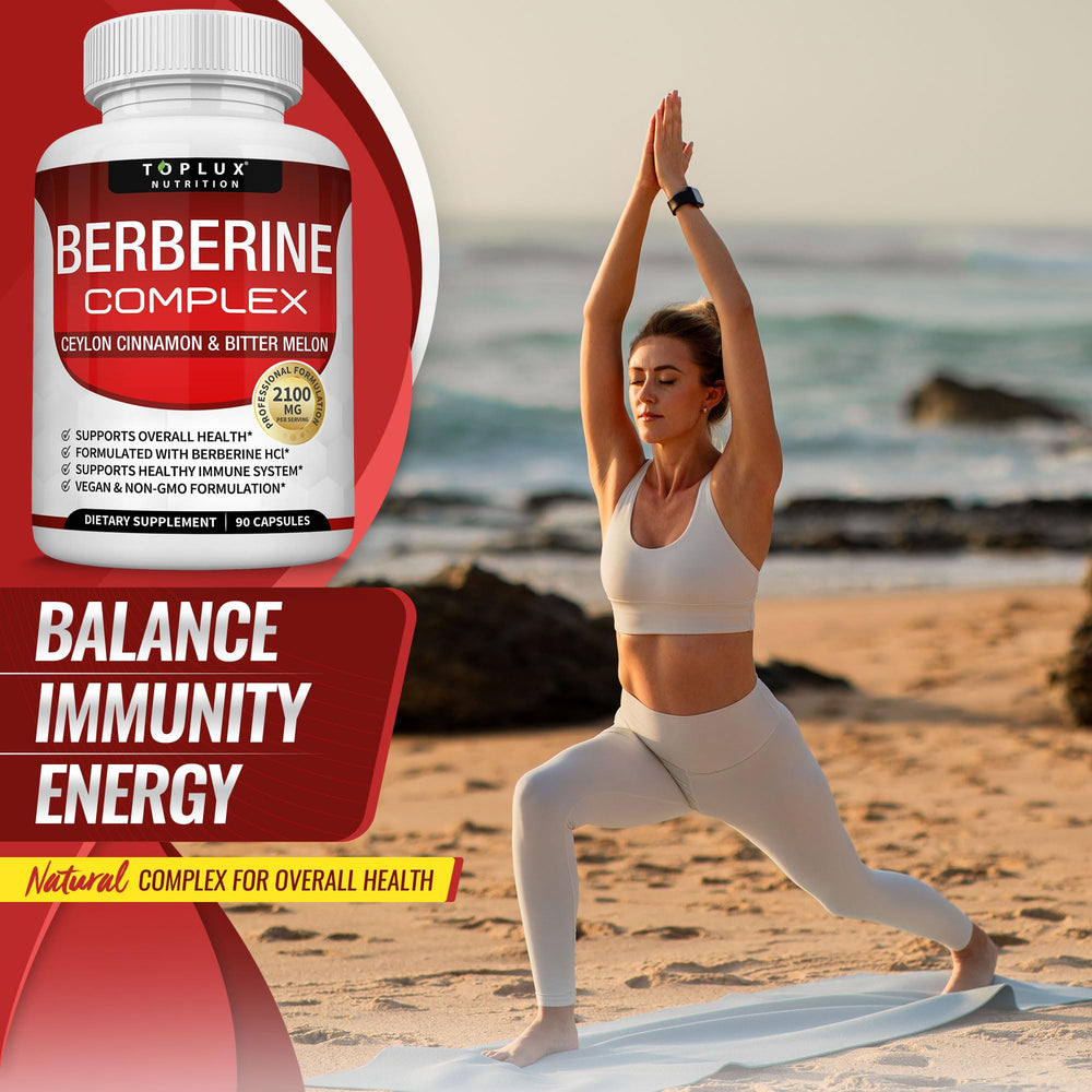 Toplux Berberine capsules being poured shows simple daily dose.