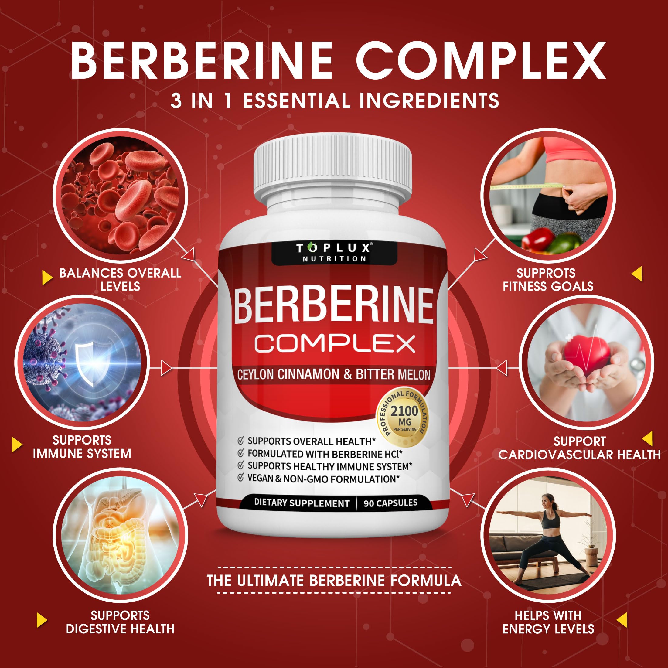Toplux Berberine-Cinnamon bottle close-up highlights organic cinnamon support.