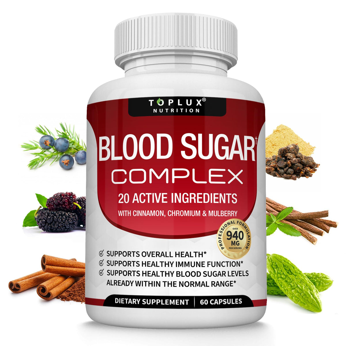 Toplux Blood Sugar Complex bottle front supports daily wellness balance