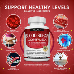Toplux Blood Sugar Complex bottle label highlights Cinnamon and Chromium