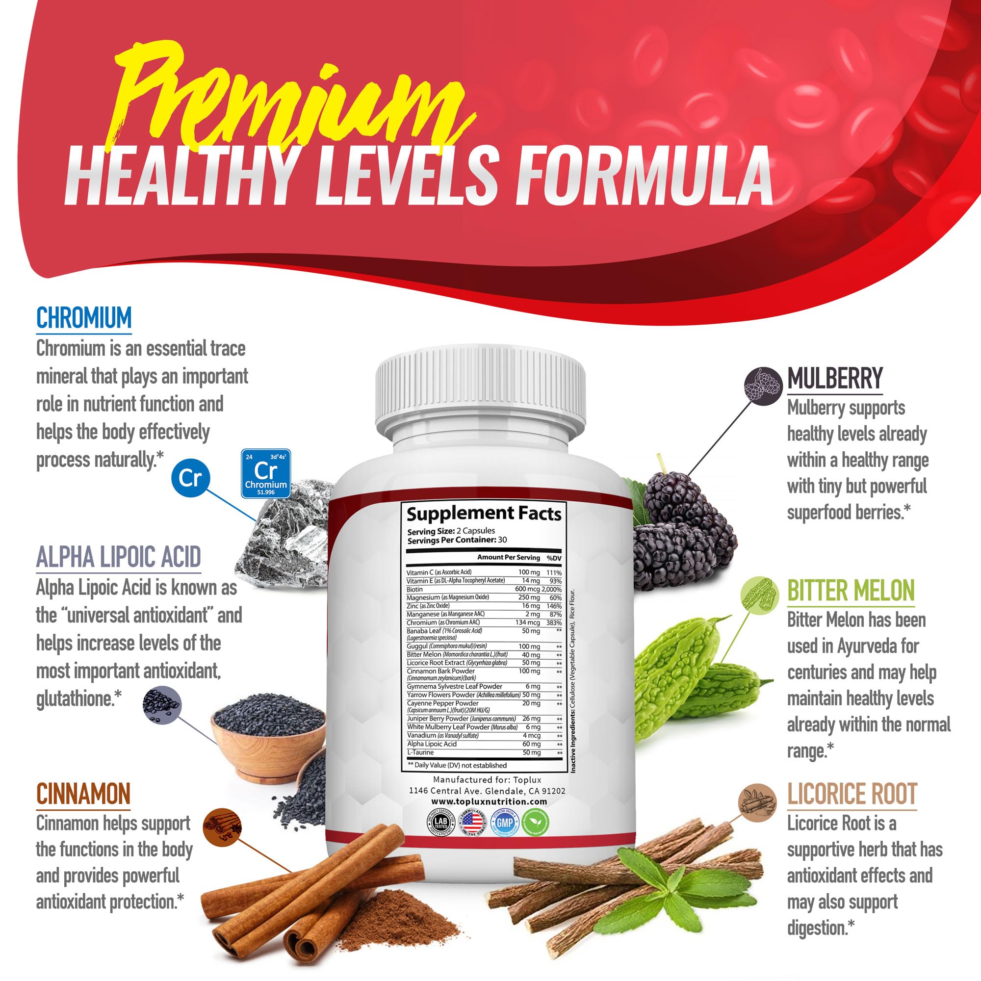 Toplux Blood Sugar Complex Mulberry ingredient panel signals natural balance