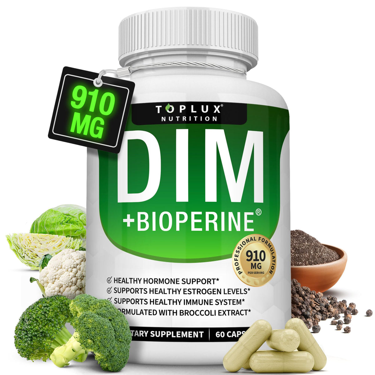 Toplux Dim 910mg bottle showcases natural hormone support with a clear label