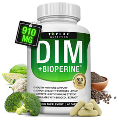 Toplux Dim 910mg bottle showcases natural hormone support with a clear label