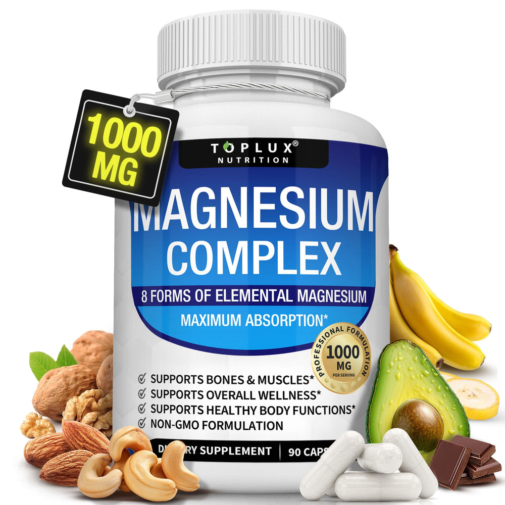 Toplux Magnesium Complex bottle pour showing eight elemental forms for absorption.