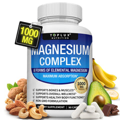 Toplux Magnesium Complex bottle pour showing eight elemental forms for absorption.