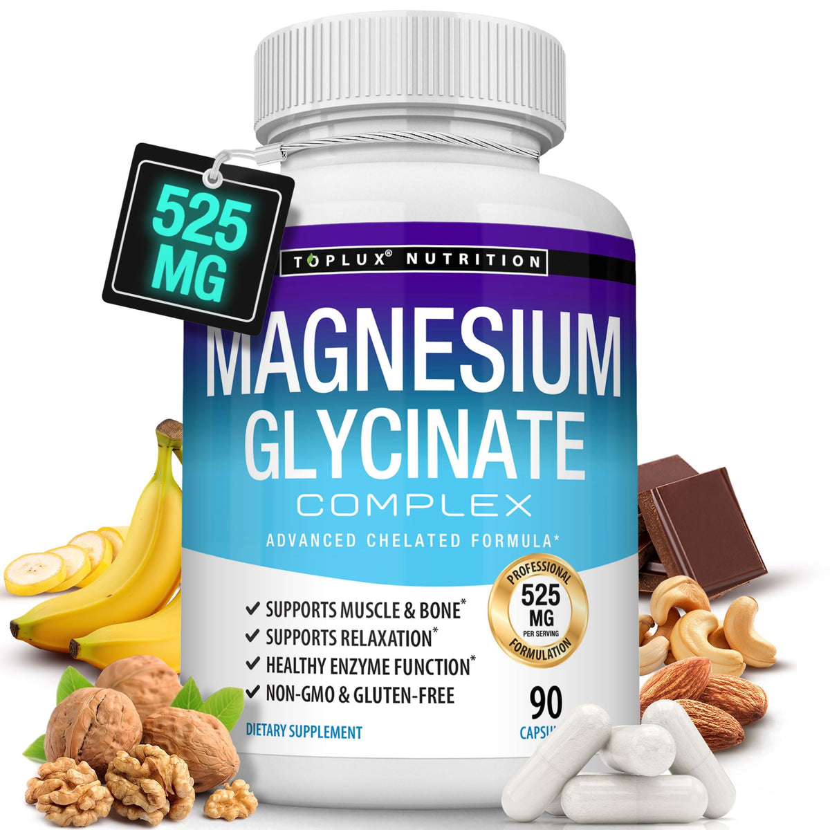 Toplux Magnesium Glycinate 525mg bottle front highlighting high absorption for daily use