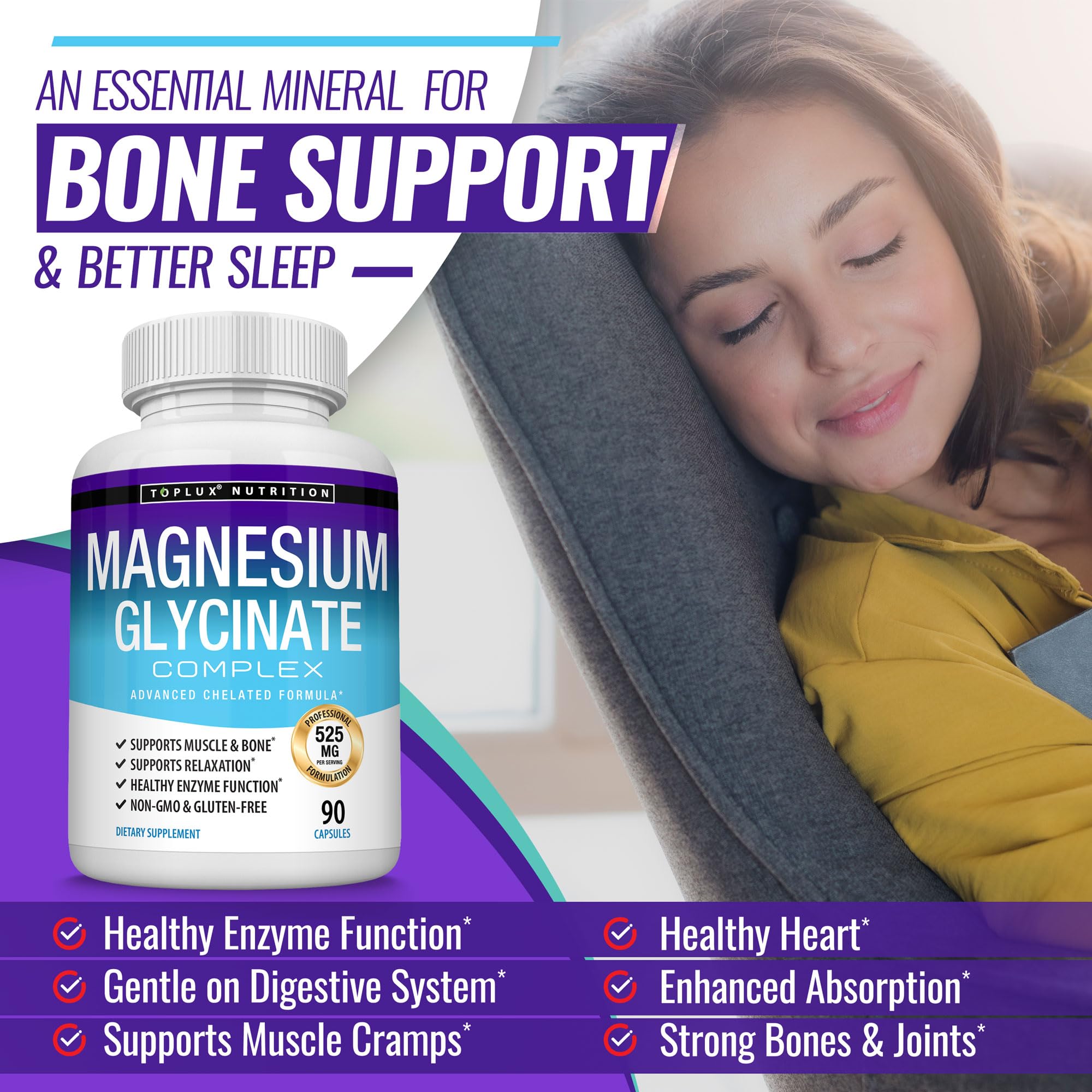 Ingredients panel of Toplux Magnesium Glycinate for bioavailability