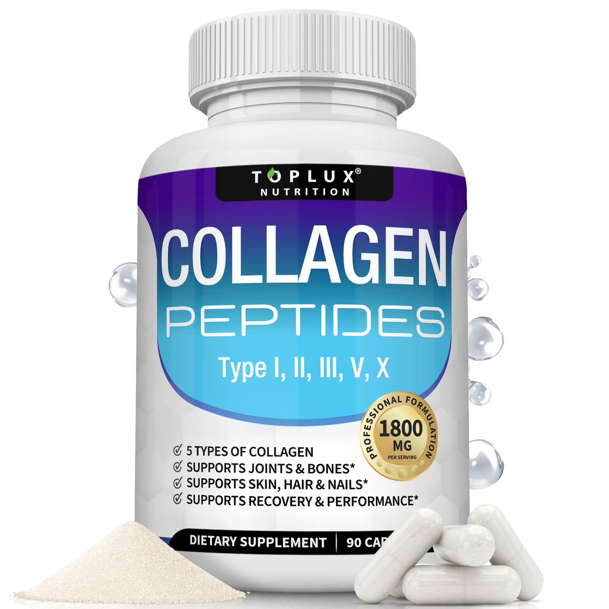 Toplux Multi Collagen Pills bottle front showing skin and joint support.