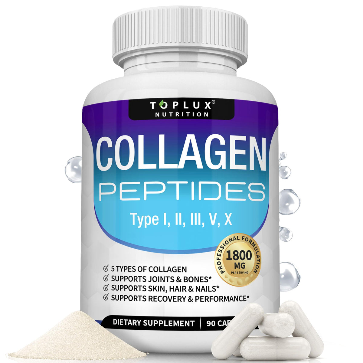 Toplux Multi Collagen Pills bottle front showing skin and joint support.