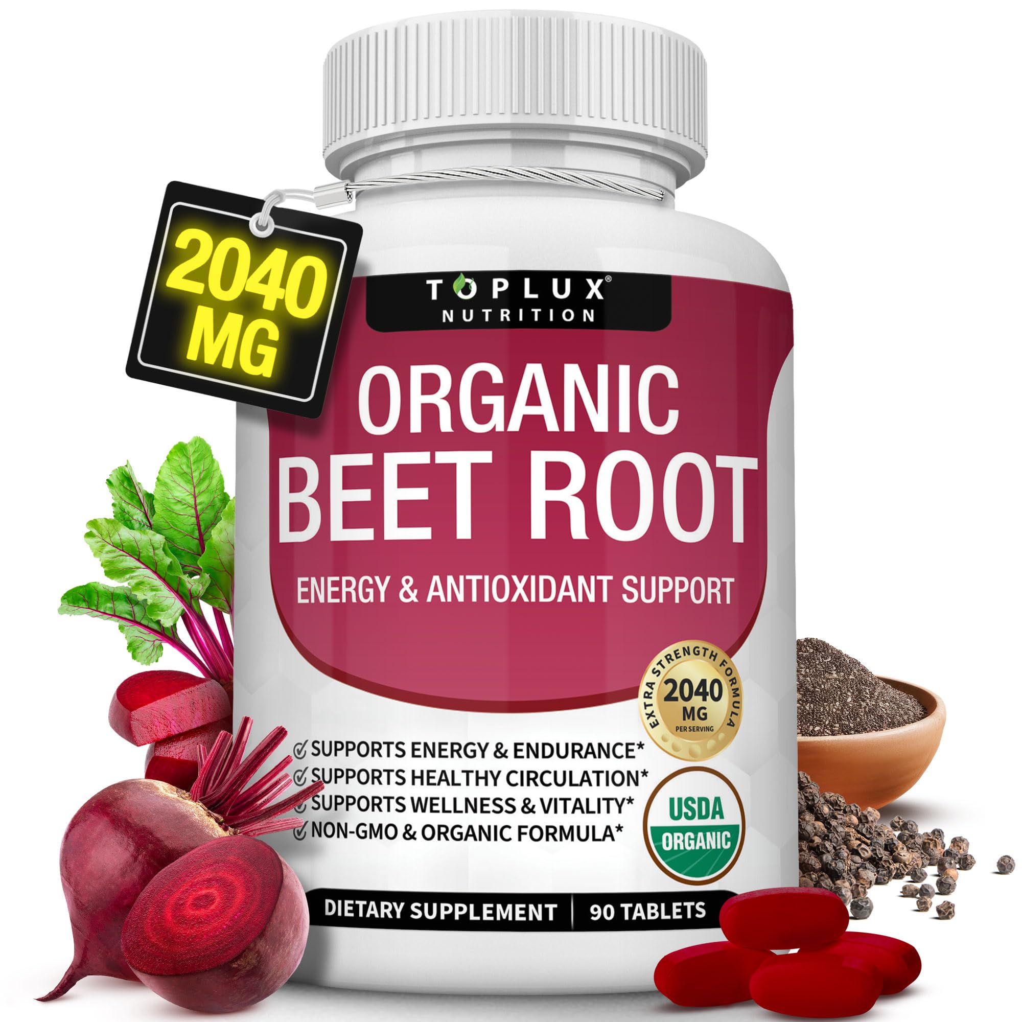 Toplux beet root tablets bottle showing natural energy support for daily use