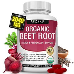Toplux beet root tablets bottle showing natural energy support for daily use