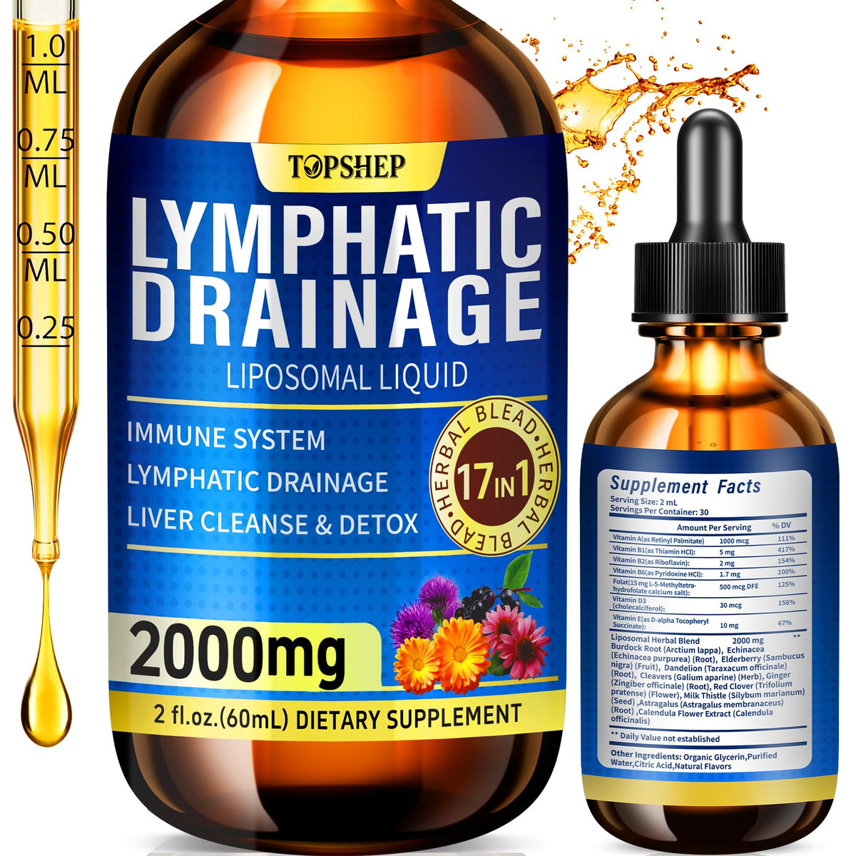 TOPSHEP liposomal lymphatic drainage drops bottle shows powerful 2000mg formula for absorption